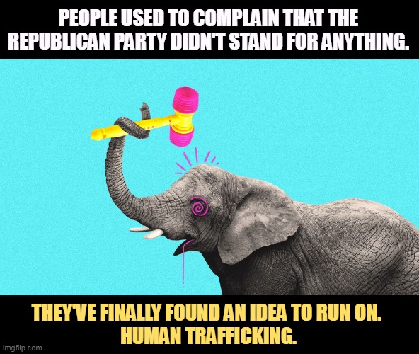 PEOPLE USED TO COMPLAIN THAT THE REPUBLICAN PARTY DIDN'T STAND FOR ANYTHING. THEY'VE FINALLY FOUND AN IDEA TO RUN ON. 
HUMAN TRAFFICKING. | image tagged in gop,republicans,republican party,human trafficking,illegal immigration | made w/ Imgflip meme maker