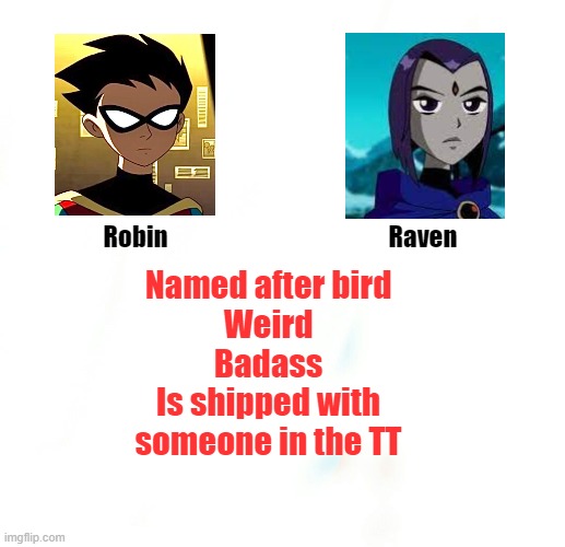 Raven; Robin; Named after bird
Weird
Badass
Is shipped with someone in the TT | image tagged in teen titans go | made w/ Imgflip meme maker