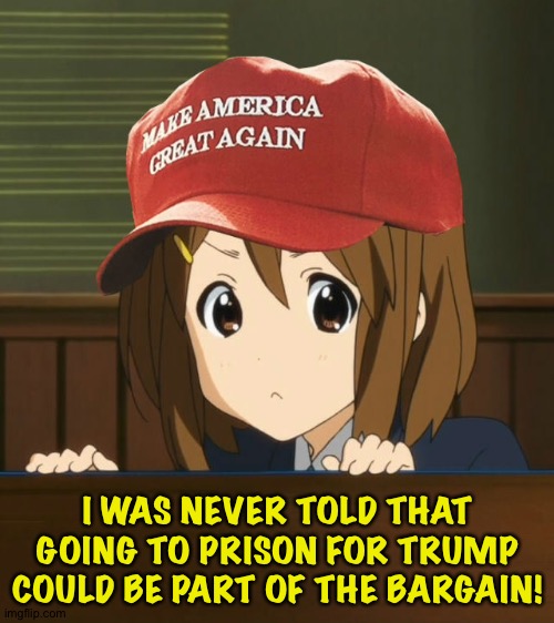 I didn't have a clue! | I WAS NEVER TOLD THAT GOING TO PRISON FOR TRUMP COULD BE PART OF THE BARGAIN! | image tagged in anime maga | made w/ Imgflip meme maker