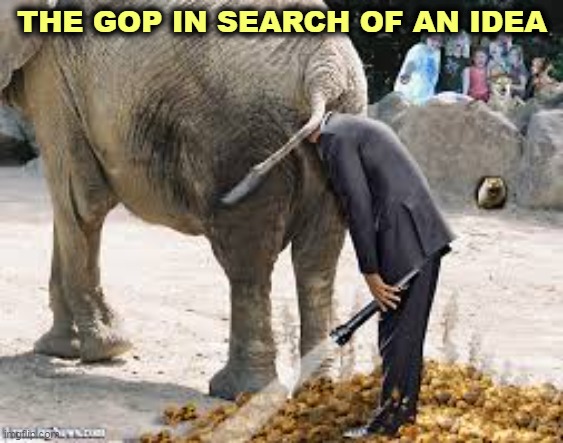Looking for brains in all the wrong places | THE GOP IN SEARCH OF AN IDEA | image tagged in gop republican elephant man head flashlight,gop,republican party,ideas,elephant,behind | made w/ Imgflip meme maker