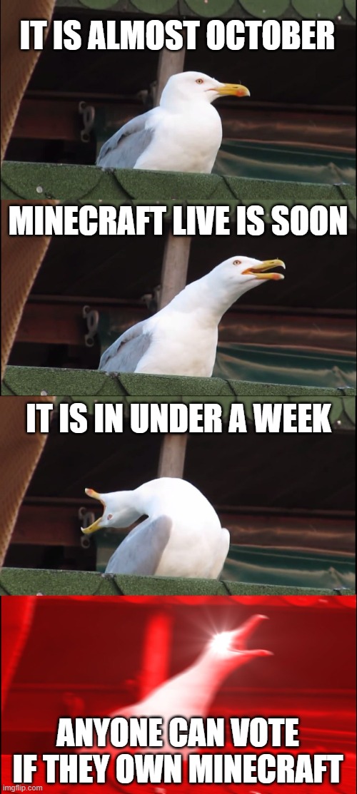 Inhaling Seagull | IT IS ALMOST OCTOBER; MINECRAFT LIVE IS SOON; IT IS IN UNDER A WEEK; ANYONE CAN VOTE IF THEY OWN MINECRAFT | image tagged in memes,inhaling seagull | made w/ Imgflip meme maker