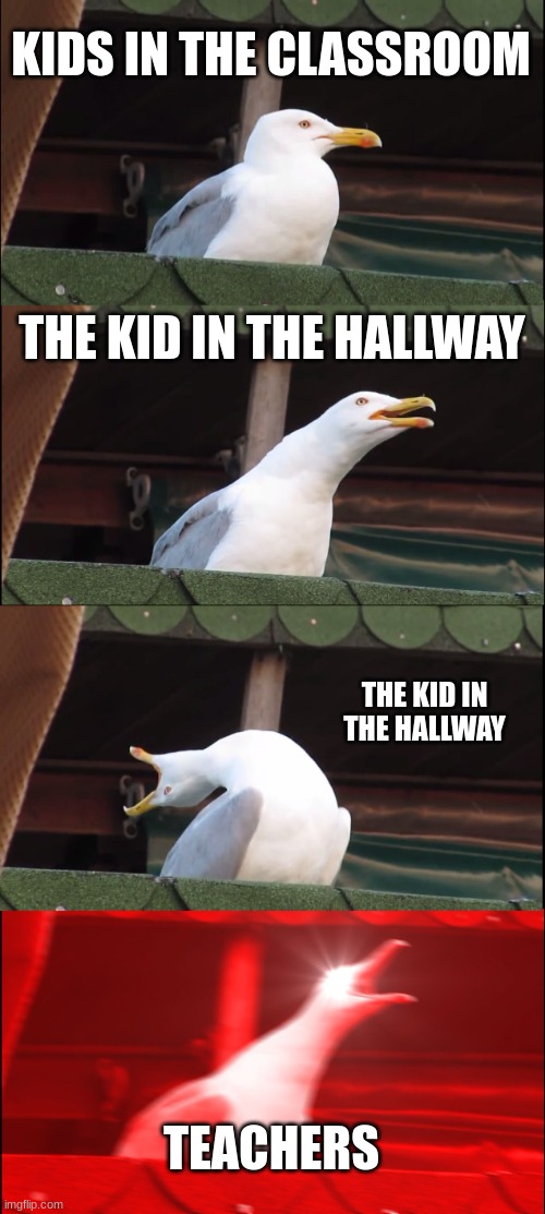 Inhaling Seagull Meme | KIDS IN THE CLASSROOM; THE KID IN THE HALLWAY; THE KID IN THE HALLWAY; TEACHERS | image tagged in memes,inhaling seagull | made w/ Imgflip meme maker