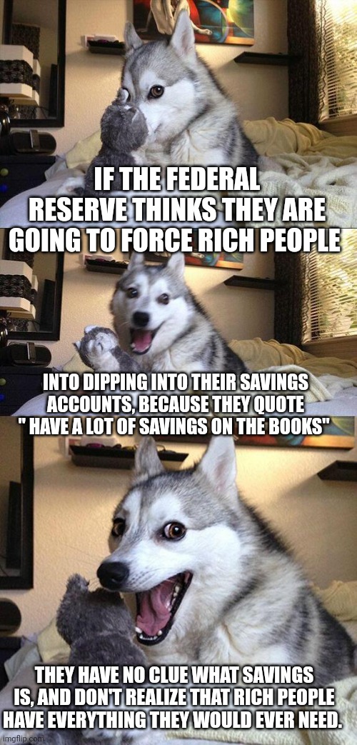 Bad Pun Dog Meme | IF THE FEDERAL RESERVE THINKS THEY ARE GOING TO FORCE RICH PEOPLE; INTO DIPPING INTO THEIR SAVINGS ACCOUNTS, BECAUSE THEY QUOTE " HAVE A LOT OF SAVINGS ON THE BOOKS"; THEY HAVE NO CLUE WHAT SAVINGS IS, AND DON'T REALIZE THAT RICH PEOPLE HAVE EVERYTHING THEY WOULD EVER NEED. | image tagged in memes,bad pun dog | made w/ Imgflip meme maker
