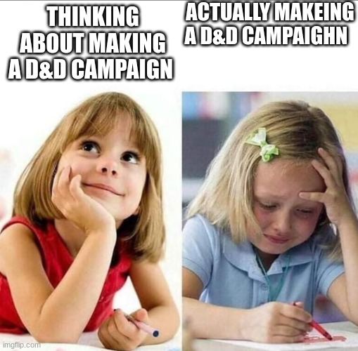D&D | ACTUALLY MAKING A D&D CAMPAIGN; THINKING ABOUT MAKING A D&D CAMPAIGN | image tagged in thinking about / actually doing it | made w/ Imgflip meme maker