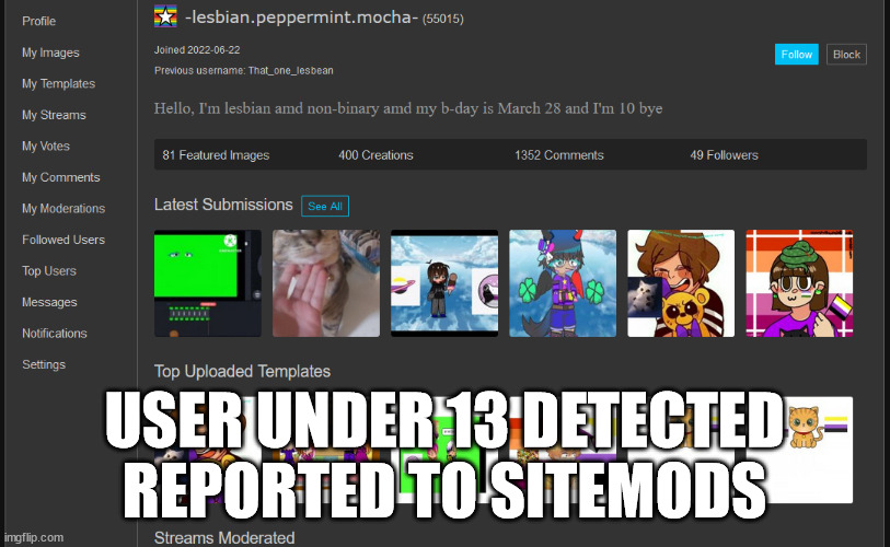 Refer to the terms for an age requirement for Imgflip. | USER UNDER 13 DETECTED
REPORTED TO SITEMODS | made w/ Imgflip meme maker