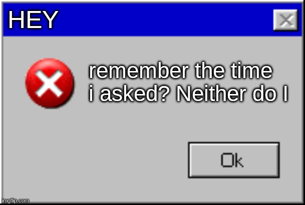 Windows Error Message |  HEY; remember the time i asked? Neither do I | image tagged in windows error message | made w/ Imgflip meme maker