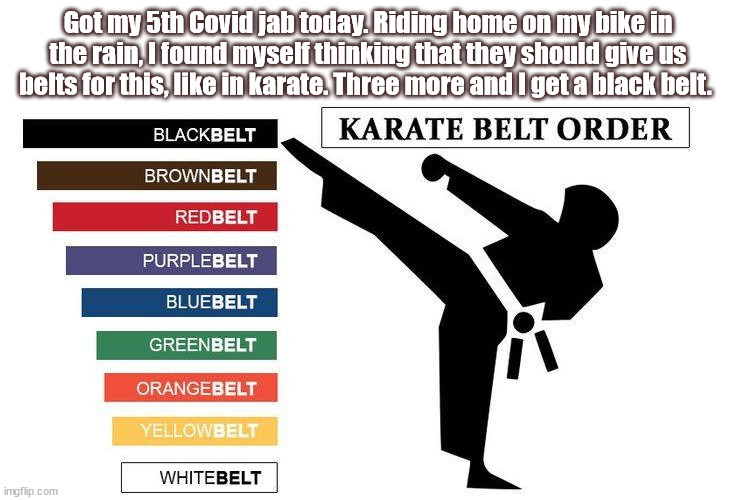 Vaxx-Fu | Got my 5th Covid jab today. Riding home on my bike in the rain, I found myself thinking that they should give us belts for this, like in karate. Three more and I get a black belt. | image tagged in covid vaccine,karate,black belt,vaccination | made w/ Imgflip meme maker