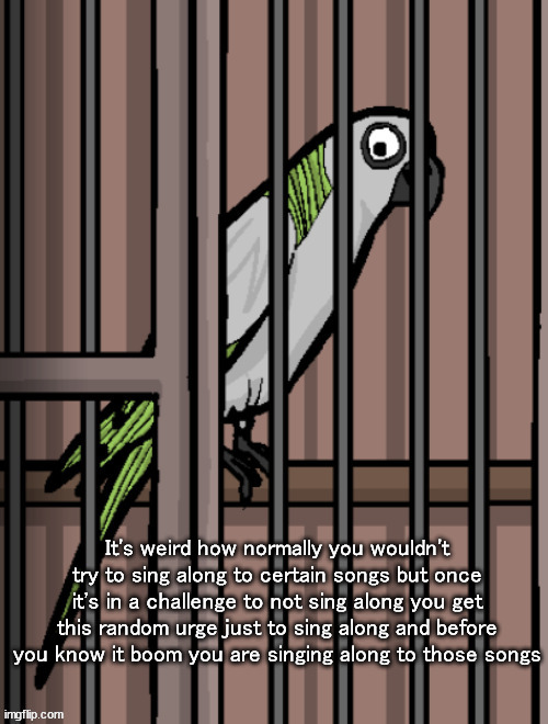 Bird on crack | It's weird how normally you wouldn't try to sing along to certain songs but once it's in a challenge to not sing along you get this random urge just to sing along and before you know it boom you are singing along to those songs | image tagged in bird on crack | made w/ Imgflip meme maker