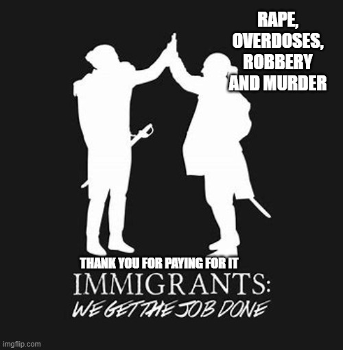 The cost to you and your family goes upwards every year | RAPE, OVERDOSES, ROBBERY AND MURDER; THANK YOU FOR PAYING FOR IT | image tagged in immigrants we get the job done,rape,robbery,overdose,murder,democrat war on america | made w/ Imgflip meme maker