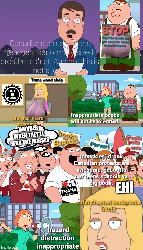 Boobphobe | WONDER WHEN THEY'LL SEND THE HORSES; EH! | image tagged in meanwhile in canada,family guy,transgender,pervert,protesters | made w/ Imgflip meme maker