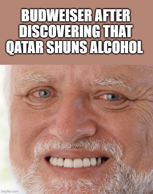 This is pain!!! | BUDWEISER AFTER DISCOVERING THAT QATAR SHUNS ALCOHOL | image tagged in hide the pain harold | made w/ Imgflip meme maker