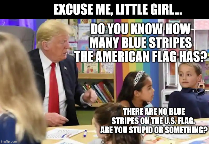 Trump kindergarten | EXCUSE ME, LITTLE GIRL... DO YOU KNOW HOW MANY BLUE STRIPES THE AMERICAN FLAG HAS? THERE ARE NO BLUE STRIPES ON THE U.S. FLAG.  ARE YOU STUPID OR SOMETHING? | image tagged in trump kindergarten | made w/ Imgflip meme maker