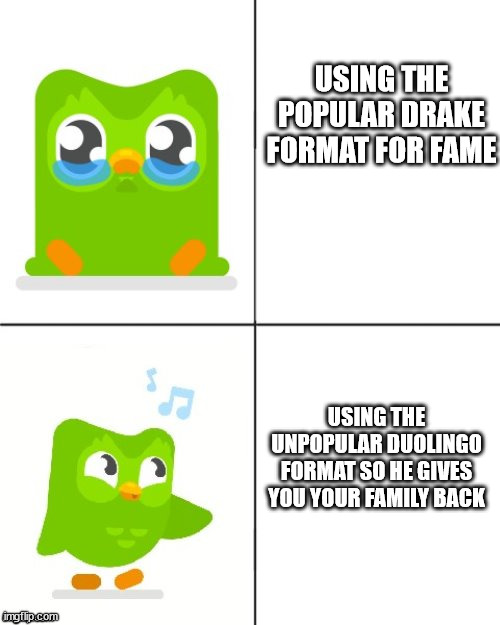 >:) | USING THE POPULAR DRAKE FORMAT FOR FAME; USING THE UNPOPULAR DUOLINGO FORMAT SO HE GIVES YOU YOUR FAMILY BACK | image tagged in duolingo drake meme | made w/ Imgflip meme maker