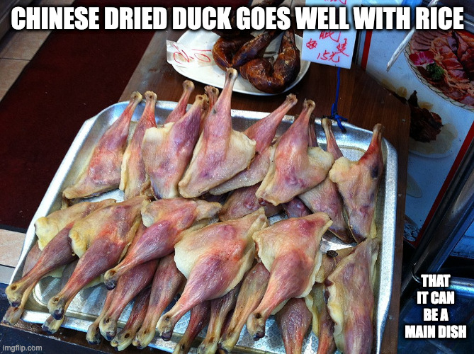 Cantonese Dried Duck | CHINESE DRIED DUCK GOES WELL WITH RICE; THAT IT CAN BE A MAIN DISH | image tagged in food,memes | made w/ Imgflip meme maker