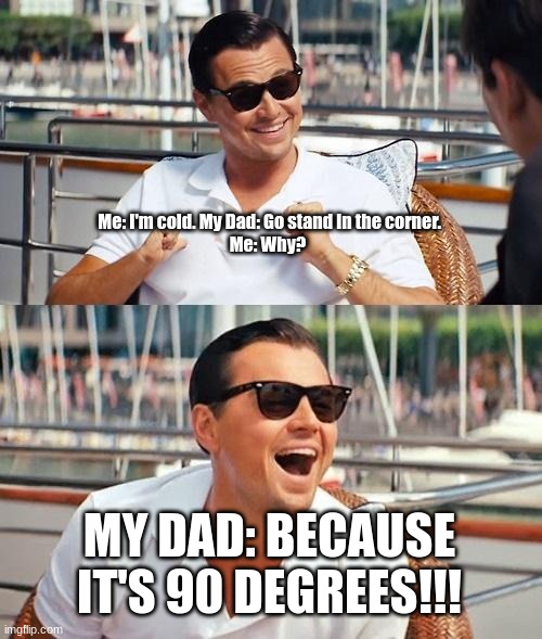 DAD JOKES 1# | Me: I'm cold. My Dad: Go stand in the corner.
Me: Why? MY DAD: BECAUSE IT'S 90 DEGREES!!! | image tagged in memes,leonardo dicaprio wolf of wall street | made w/ Imgflip meme maker