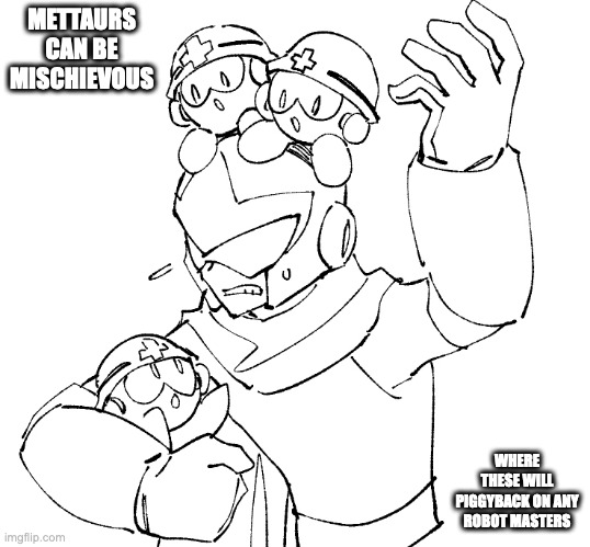 Proto Man With Mattaurs | METTAURS CAN BE MISCHIEVOUS; WHERE THESE WILL PIGGYBACK ON ANY ROBOT MASTERS | image tagged in mattaur,protoman,megaman,memes | made w/ Imgflip meme maker