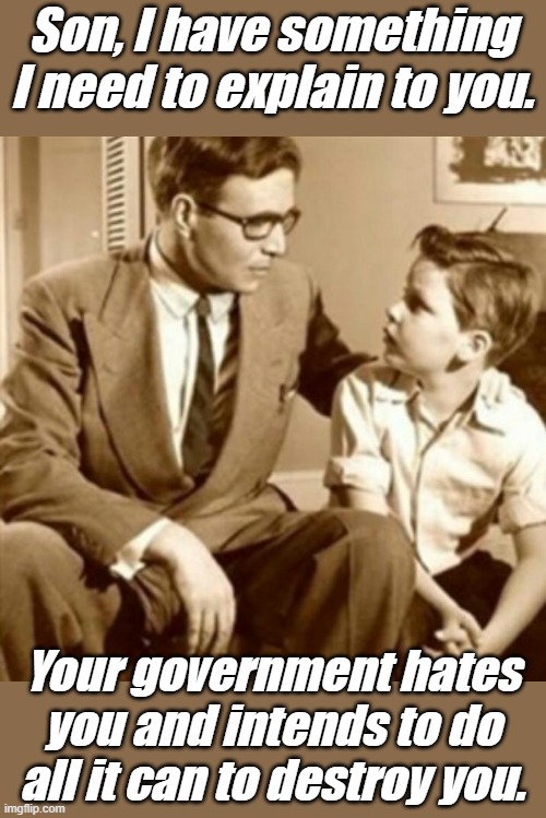 In that case it is no longer my government. | Son, I have something I need to explain to you. Your government hates you and intends to do all it can to destroy you. | image tagged in father and son | made w/ Imgflip meme maker