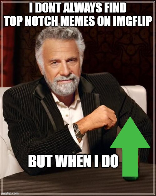 The Most Interesting Man In The World Meme | I DONT ALWAYS FIND TOP NOTCH MEMES ON IMGFLIP BUT WHEN I DO | image tagged in memes,the most interesting man in the world | made w/ Imgflip meme maker