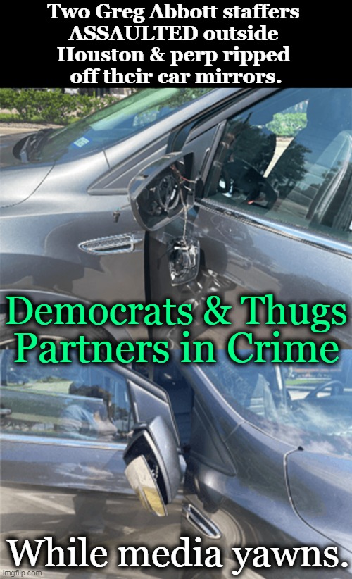 The suspect was taken into custody & charged with criminal mischief. | Two Greg Abbott staffers 
ASSAULTED outside 
Houston & perp ripped 
off their car mirrors. Democrats & Thugs; Partners in Crime; While media yawns. | image tagged in politics,democrats,thugs,soft on crime,criminals,assault | made w/ Imgflip meme maker
