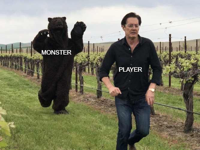 Horror Games Be Like: | MONSTER; PLAYER | image tagged in kyle maclachlan running away from bear | made w/ Imgflip meme maker