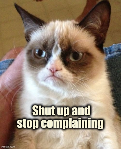 Grumpy Cat Meme | Shut up and stop complaining | image tagged in memes,grumpy cat | made w/ Imgflip meme maker