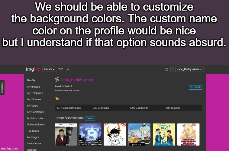 We should be able to customize the background colors. The custom name color on the profile would be nice but I understand if that option sounds absurd. | made w/ Imgflip meme maker