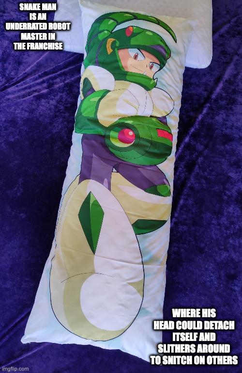 Snake Man Pillow | SNAKE MAN IS AN UNDERRATED ROBOT MASTER IN THE FRANCHISE; WHERE HIS HEAD COULD DETACH ITSELF AND SLITHERS AROUND TO SNITCH ON OTHERS | image tagged in megaman,pillow,snakeman,memes | made w/ Imgflip meme maker