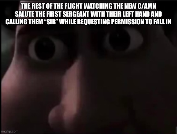 tighten stare | THE REST OF THE FLIGHT WATCHING THE NEW C/AMN SALUTE THE FIRST SERGEANT WITH THEIR LEFT HAND AND CALLING THEM “SIR” WHILE REQUESTING PERMISSION TO FALL IN | image tagged in tighten stare,civil air patrol | made w/ Imgflip meme maker