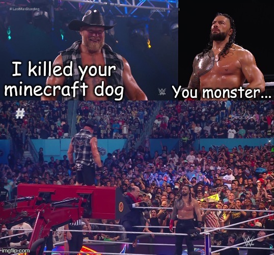 Brock vs. Roman epic stare-down | I killed your minecraft dog; You monster... | image tagged in brock vs roman epic stare-down | made w/ Imgflip meme maker