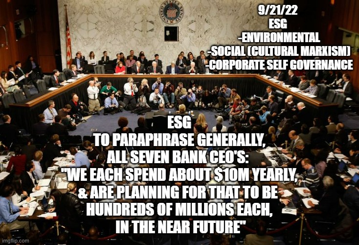 Financing ESG may be financing the END of Freedom, Liberty, & The Bill of Rights | 9/21/22 
ESG 
-ENVIRONMENTAL
-SOCIAL (CULTURAL MARXISM)
-CORPORATE SELF GOVERNANCE; ESG
TO PARAPHRASE GENERALLY,
ALL SEVEN BANK CEO'S: 
"WE EACH SPEND ABOUT $10M YEARLY,
& ARE PLANNING FOR THAT TO BE 
HUNDREDS OF MILLIONS EACH,
 IN THE NEAR FUTURE" | image tagged in kamala harris,bill of rights,cultural marxism,social justice warriors,communist socialist,artists | made w/ Imgflip meme maker