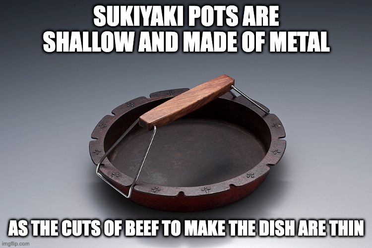 Sukiyaki Nabe | SUKIYAKI POTS ARE SHALLOW AND MADE OF METAL; AS THE CUTS OF BEEF TO MAKE THE DISH ARE THIN | image tagged in cooking,memes | made w/ Imgflip meme maker