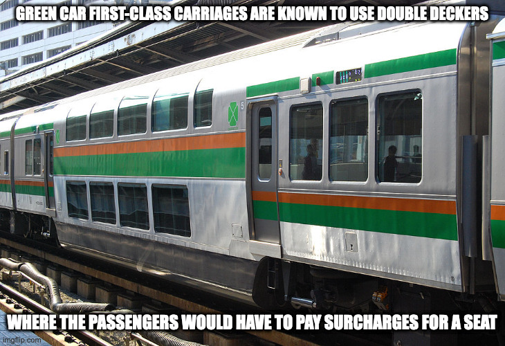 Green Car | GREEN CAR FIRST-CLASS CARRIAGES ARE KNOWN TO USE DOUBLE DECKERS; WHERE THE PASSENGERS WOULD HAVE TO PAY SURCHARGES FOR A SEAT | image tagged in trains,memes | made w/ Imgflip meme maker