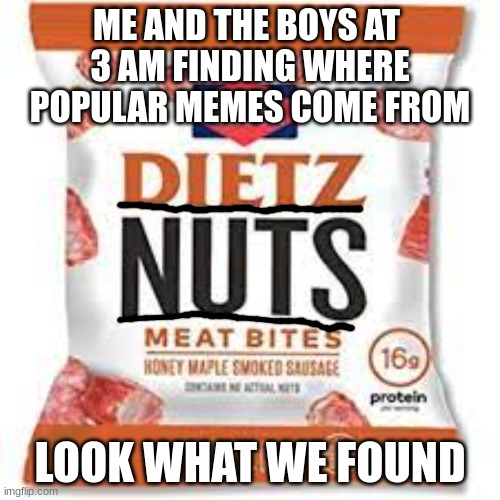 look what we found | ME AND THE BOYS AT 
3 AM FINDING WHERE
POPULAR MEMES COME FROM; LOOK WHAT WE FOUND | image tagged in funny meme,nuts,deez nuts | made w/ Imgflip meme maker