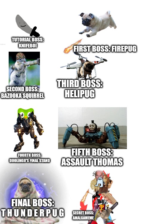 thunderpug the game part 1 | TUTORIAL BOSS:
KNIFEBOI; FIRST BOSS: FIREPUG; THIRD BOSS:
HELIPUG; SECOND BOSS: BAZOOKA SQUIRREL; FIFTH BOSS: ASSAULT THOMAS; FOURTH BOSS:
DUOLINGO'S FINAL STAND; FINAL BOSS:
T H U N D E R P U G; SECRET BOSS:
AMALGAMEME | image tagged in blank white template | made w/ Imgflip meme maker