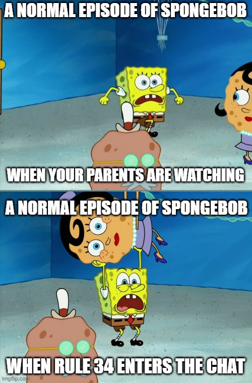  A NORMAL EPISODE OF SPONGEBOB; WHEN YOUR PARENTS ARE WATCHING; A NORMAL EPISODE OF SPONGEBOB; WHEN RULE 34 ENTERS THE CHAT | image tagged in rule 34,spongebob | made w/ Imgflip meme maker