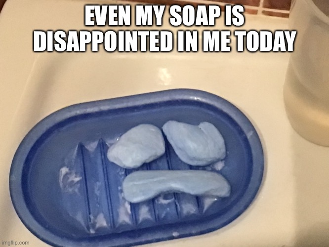 Why, just why |  EVEN MY SOAP IS DISAPPOINTED IN ME TODAY | image tagged in disappointment | made w/ Imgflip meme maker