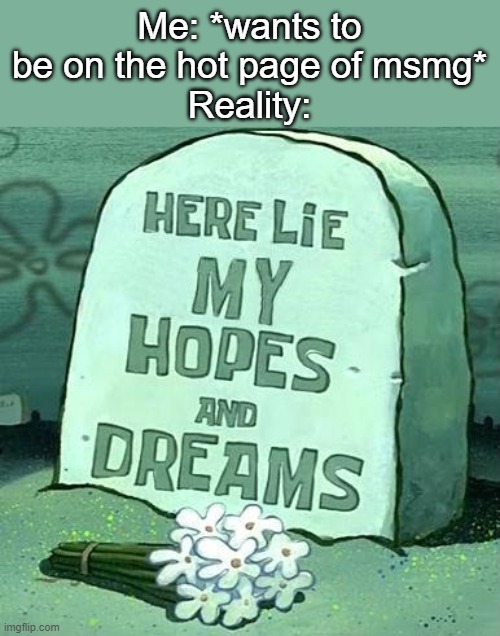 It's all a dream | Me: *wants to be on the hot page of msmg*
Reality: | image tagged in here lie my hopes and dreams | made w/ Imgflip meme maker