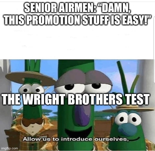 Allow us to introduce ourselves | SENIOR AIRMEN: “DAMN, THIS PROMOTION STUFF IS EASY!”; THE WRIGHT BROTHERS TEST | image tagged in allow us to introduce ourselves | made w/ Imgflip meme maker