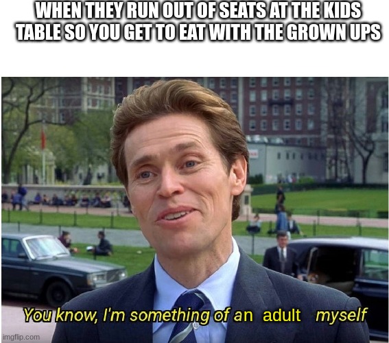 you're then ignored | WHEN THEY RUN OUT OF SEATS AT THE KIDS TABLE SO YOU GET TO EAT WITH THE GROWN UPS; n  adult | image tagged in you know i'm something of a _ myself,funny,funny memes,memes | made w/ Imgflip meme maker