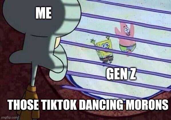 Squidward window | ME; GEN Z; THOSE TIKTOK DANCING MORONS | image tagged in squidward window | made w/ Imgflip meme maker