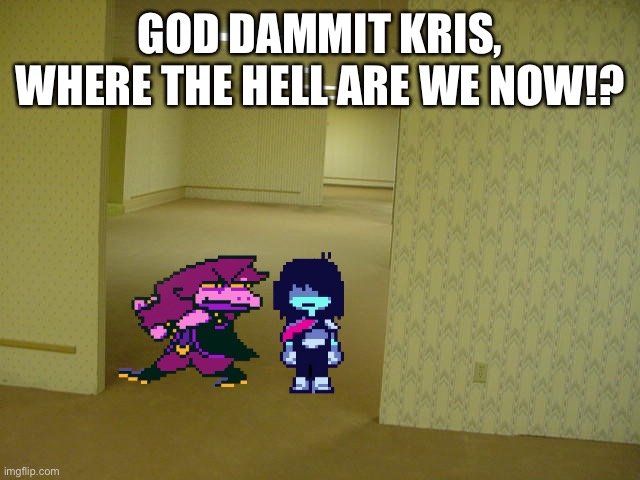 kris no clipped out of reality | GOD DAMMIT KRIS, WHERE THE HELL ARE WE NOW!? | image tagged in the backrooms | made w/ Imgflip meme maker
