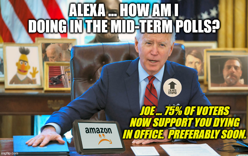 Mid-Term Polls Joe | ALEXA ... HOW AM I DOING IN THE MID-TERM POLLS? JOE ... 75% OF VOTERS NOW SUPPORT YOU DYING IN OFFICE.  PREFERABLY SOON. | image tagged in the biden oval office,alexa,mid-term elections,polls,sniffing queens hair in casket is wrong,biden the george soros puppet | made w/ Imgflip meme maker
