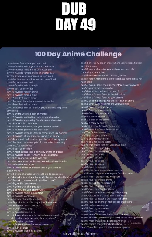 Dub | DUB 
DAY 49 | image tagged in 100 day anime challenge | made w/ Imgflip meme maker