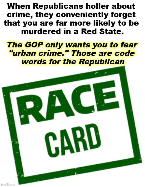 You are more likely to be murdered in a Red State. | When Republicans holler about 
crime, they conveniently forget 
that you are far more likely to be 
murdered in a Red State. The GOP only wants you to fear 
"urban crime." Those are code 
words for the Republican | image tagged in gop,republican,racists,race card,crime | made w/ Imgflip meme maker