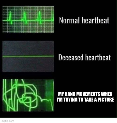My hands are more unstable than uranium | MY HAND MOVEMENTS WHEN I'M TRYING TO TAKE A PICTURE | image tagged in normal heartbeat deceased heartbeat,memes,funny,heartbeat | made w/ Imgflip meme maker