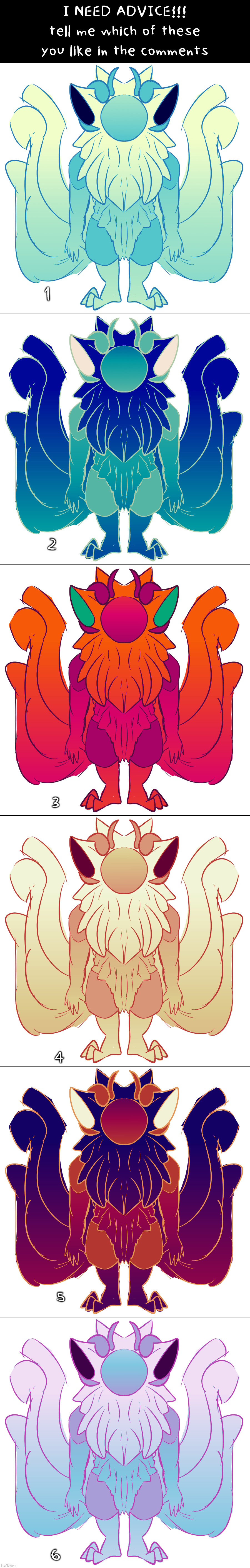 tell me which of these proto colorings yall like the most. | I NEED ADVICE!!!
tell me which of these you like in the comments; 1; 2; 3; 4; 5; 6 | image tagged in furry,art,drawings | made w/ Imgflip meme maker