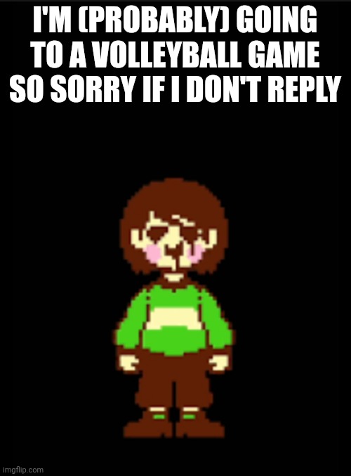 -Chara_TGM- template | I'M (PROBABLY) GOING TO A VOLLEYBALL GAME SO SORRY IF I DON'T REPLY | image tagged in -chara_tgm- template | made w/ Imgflip meme maker