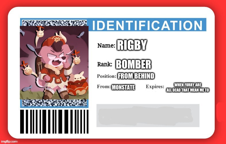 i ready for war | RIGBY; BOMBER; FROM BEHIND; MONSTATE; WHEN FURRY ARE ALL DEAD THAT MEAN ME TO | image tagged in imgflip id | made w/ Imgflip meme maker