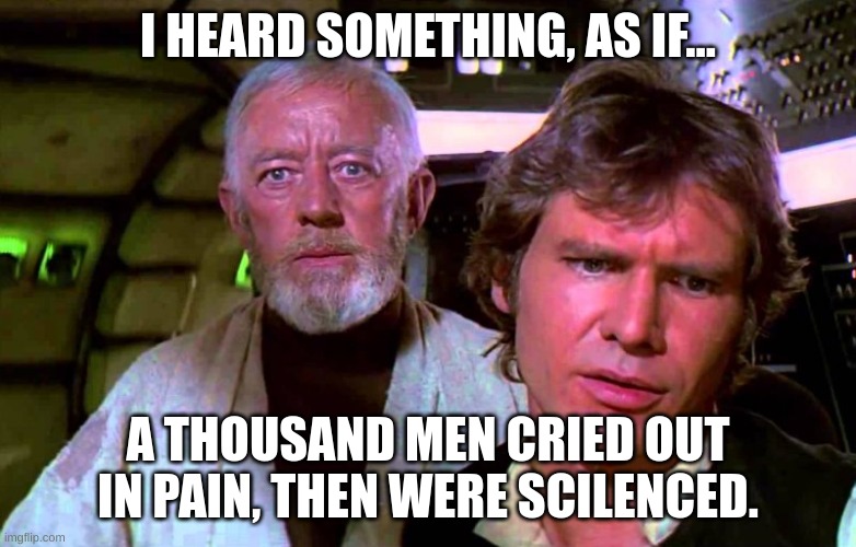 That's No Moon | I HEARD SOMETHING, AS IF... A THOUSAND MEN CRIED OUT IN PAIN, THEN WERE SCILENCED. | image tagged in that's no moon | made w/ Imgflip meme maker