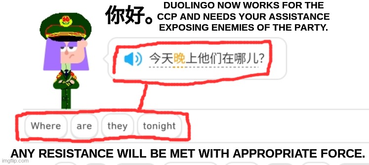 And they called us crazy when we said Duo had ulterior motives... | DUOLINGO NOW WORKS FOR THE CCP AND NEEDS YOUR ASSISTANCE EXPOSING ENEMIES OF THE PARTY. 你好。; ANY RESISTANCE WILL BE MET WITH APPROPRIATE FORCE. | image tagged in lol,duolingo,memes,things duolingo teaches you,ccp,duolingo now works for the ccp | made w/ Imgflip meme maker